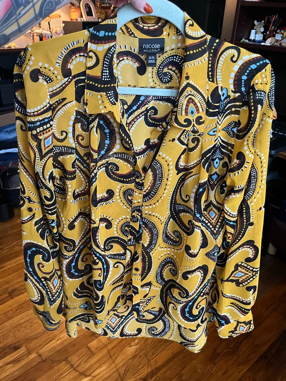Nicole Mustard Yellow Paisley Button-Up Blouse with Black Accents